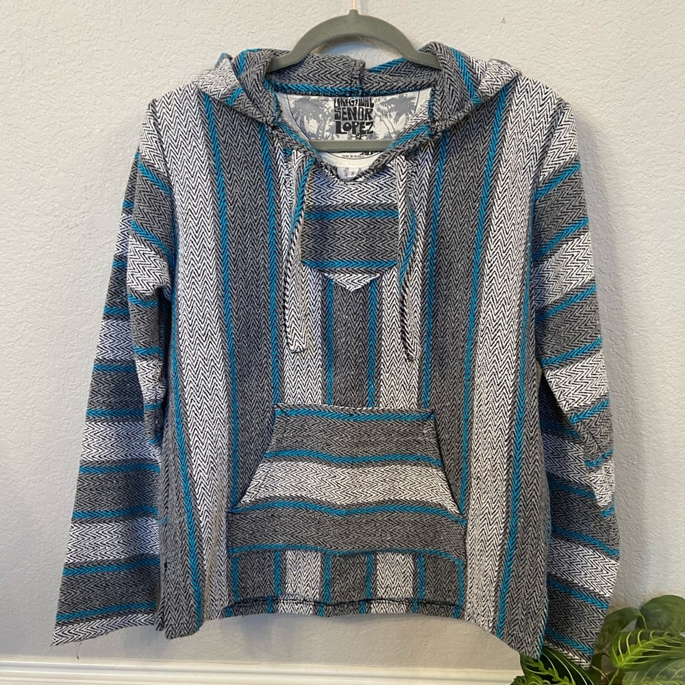 Original Senor Lopez Mexican Baja Women’s Hoodie Turquoise Gray Pocket Small